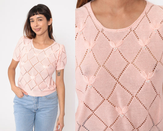 80s Baby Pink Pointelle Knit Top Pearl Beaded Puff Sleeve Cutout Small