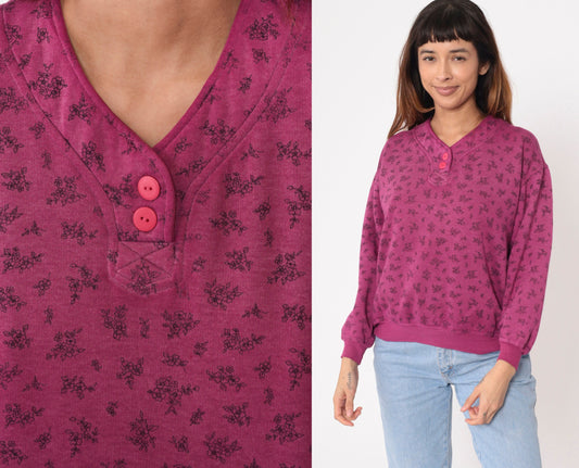 90s Magenta Floral Henley Sweatshirt Button-Up V-Neck Small S