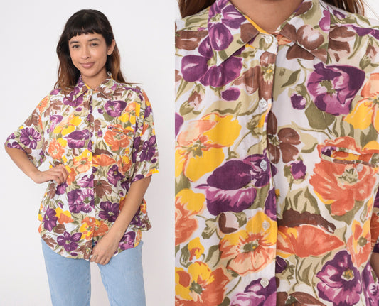 90s Watercolor Floral Rayon Button-Up Blouse Short Sleeve Large L
