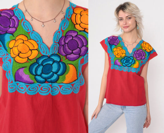 90s Mexican Embroidered Cotton Blouse Red Floral Short Sleeve Small