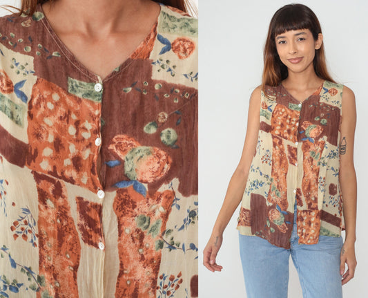 90s Patchwork Floral Button-Up Tank Top Brown Orange Green Small S