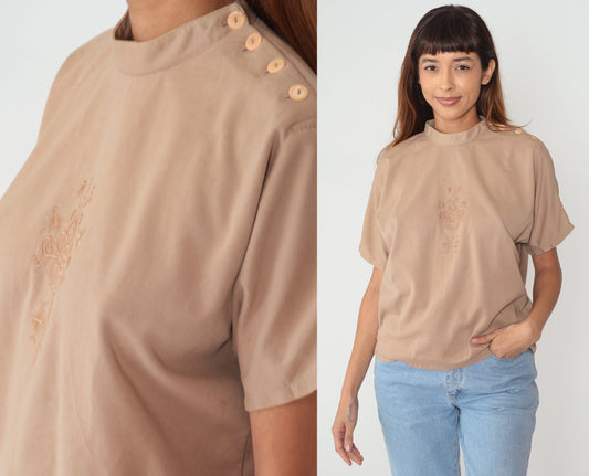 80s Tan Embroidered Floral Heart Blouse Short Sleeve Button Shoulder Cotton Medium