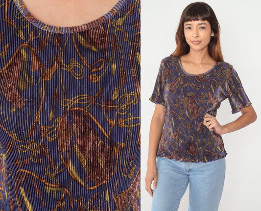 90s Baroque Abstract Print Pleated Blouse Short Sleeve Purple Small Medium