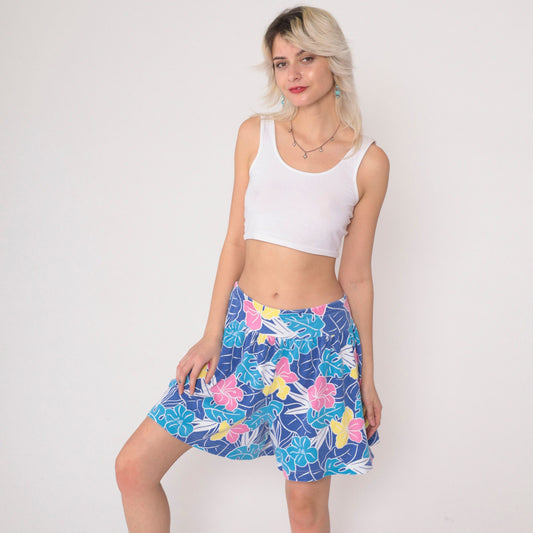 90s Tropical Floral Shorts High Waist Hibiscus Leaf Print Blue Pink Medium