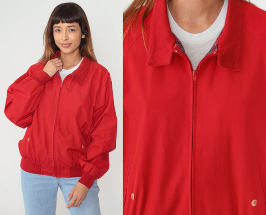 90s Land's End Red Windbreaker Jacket Plaid Lined Zip Up Large