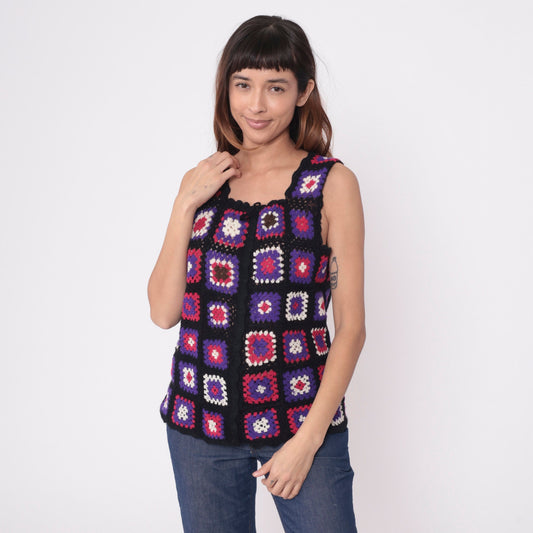 70s Crochet Granny Square Tank Top Patchwork Vest Black Pink Purple Small