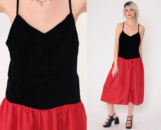 80s Velvet Colorblock Midi Dress Red Black Spaghetti Strap V Neck Medium