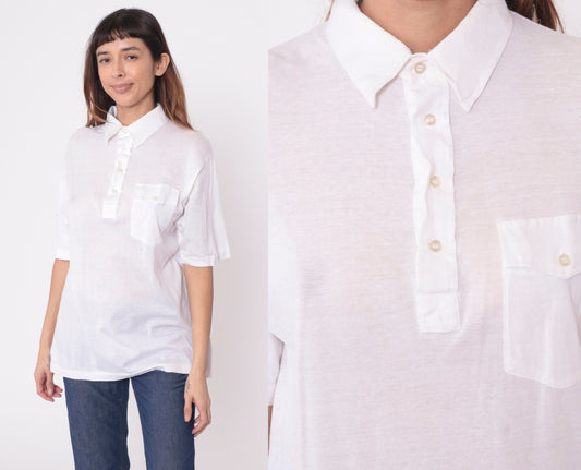 70s 80s Saks Fifth Avenue White Polo Shirt Semi-Sheer Cotton Button-Up Small