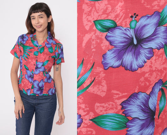 90s Red Tropical Floral Hibiscus Button-Up Blouse Short Sleeve Small