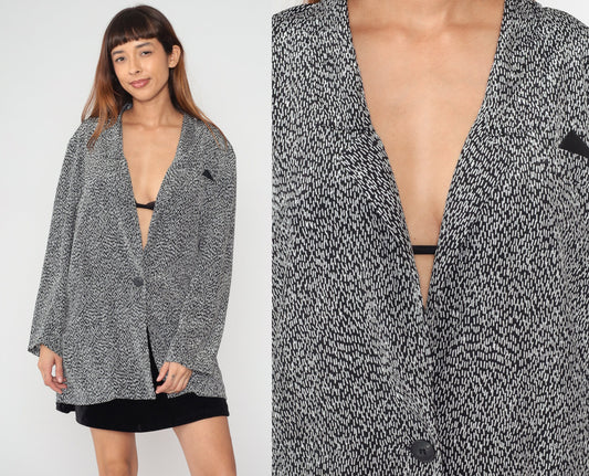 90s Navy Blazer Single Button White Flecked Line Print Jacket Extra Large