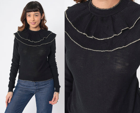70s Black Sweater Double Bertha Collar Silver Metallic Trim Knit Pullover Extra Small