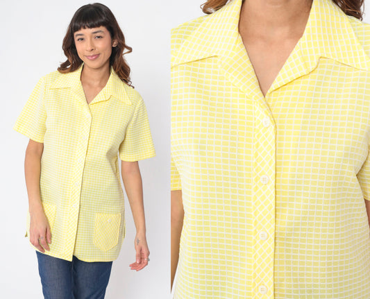 70s Yellow Checkered Button-Up Blouse Dagger Collar Short Sleeve Large L