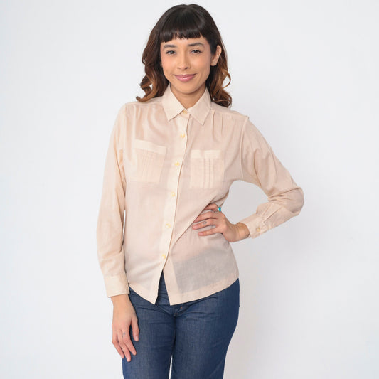 70s 80s College Town Beige Button-Up Shirt Chest Pockets Long Sleeve Small