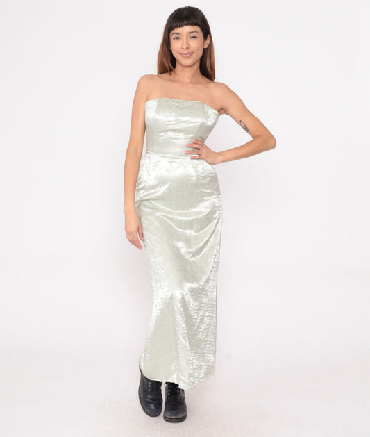 Y2K Jessica McClintock Silver Floral Embroidered Strapless Maxi Dress Extra Small