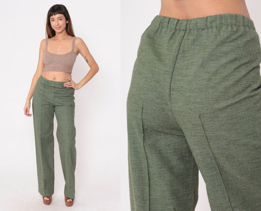 70s Wide Leg Trousers Heathered Green High Waist Creased Medium