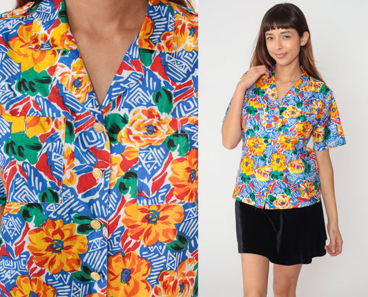 90s Geometric Floral Button-Up Blouse Abstract Print Short Sleeve Small