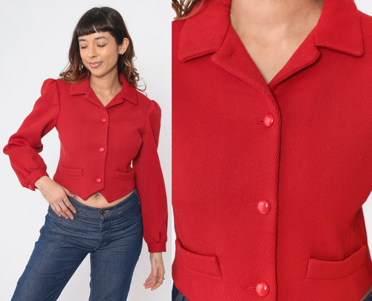 70s Red Corduroy Puff Sleeve Blouse Notched Hem Crop Top Small