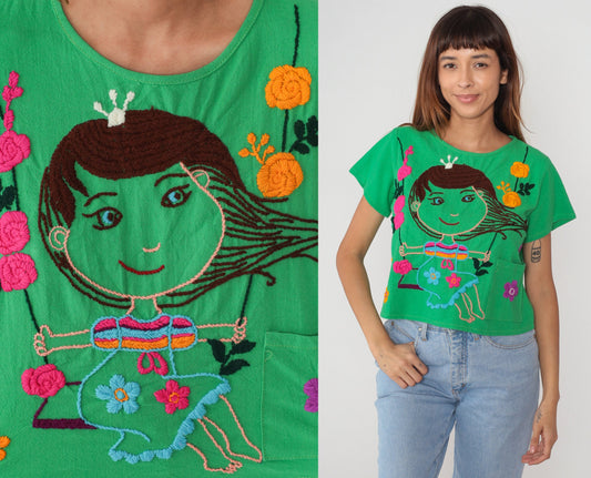 90s Green Embroidered Blouse Girl on Swing Floral Short Sleeve Cotton Medium