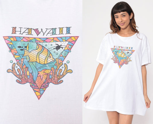 90s Hawaii Tropical Fish Turtle Graphic T-Shirt Dress Extra Large XL