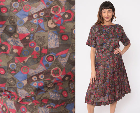 60s R&K Originals Geometric Floral Midi Dress High Waisted Pleated Cotton Medium