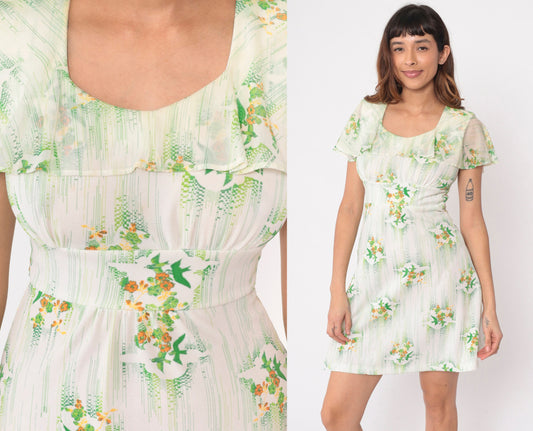 70s Babydoll Mini Dress Floral Bird Print Empire Waist Flutter Sleeve Small