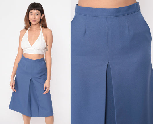 70s Dark Periwinkle Midi Skirt High Waisted Pleated A-Line Small