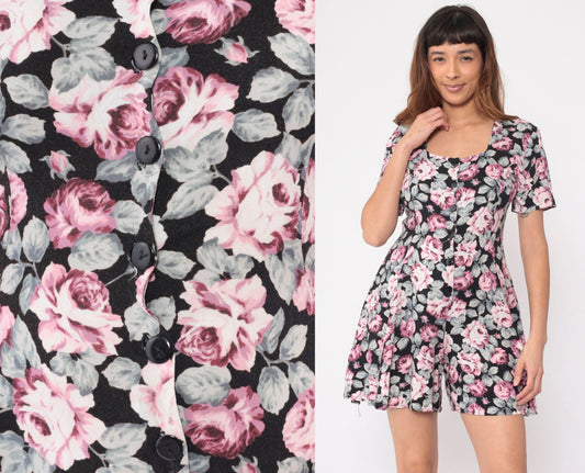 90s Rampage Floral Romper Pink Rose Print Black Button-Up Wide Leg Small S