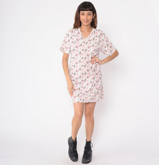 00s Betty Boop Kisses Print Nightie Dress V-Neck Mini Graphic Small S
