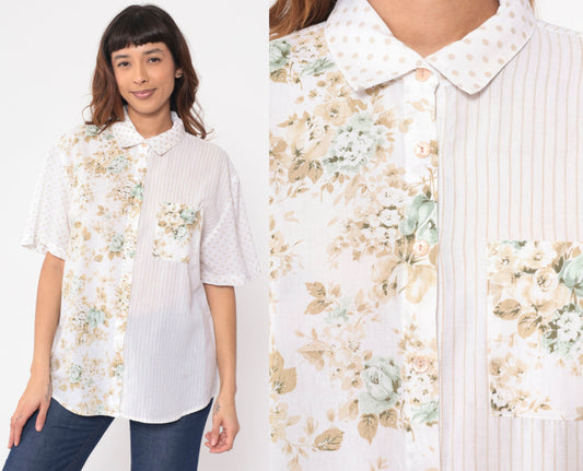 90s Kap & Co. Patchwork Floral Striped Button-Up Blouse White Extra Large XXL