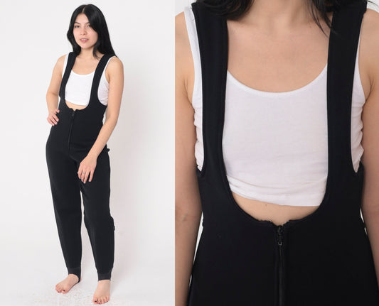 80s Roffe Black Ski Pants Stirrup Suspender Snow Suit Extra Small XS