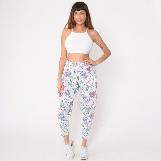 90s Gravity Los Angeles Beach Parachute Pants White Palm Tree Flamingo Small