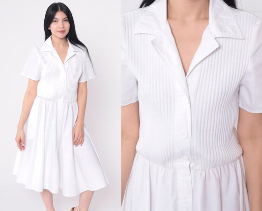 80s White Ribbed Knit Button-Up Shirtdress Elastic Waist Midi Small Medium