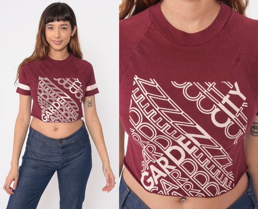 80s Champion Garden City Crop Top Burgundy Raglan Tee Extra Small