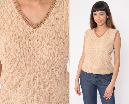 70s Tan Diamond Knit Sweater Vest V Neck Brown Trim Small