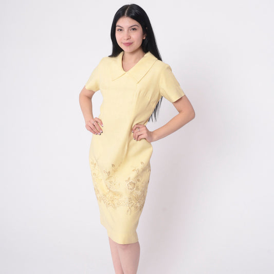 60s Mod Shift Dress Pale Yellow Metallic Gold Floral Embroidery Medium