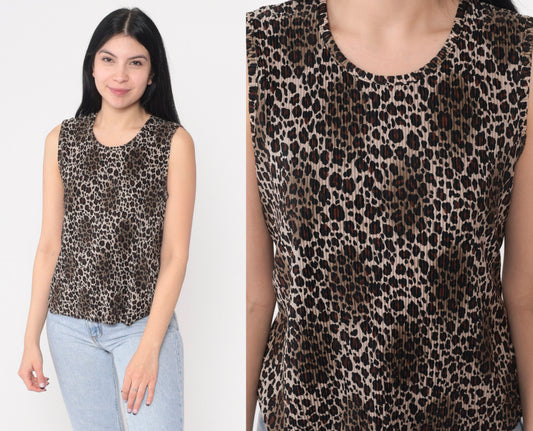90s Leopard Print Tank Top Sleeveless Blouse Medium M