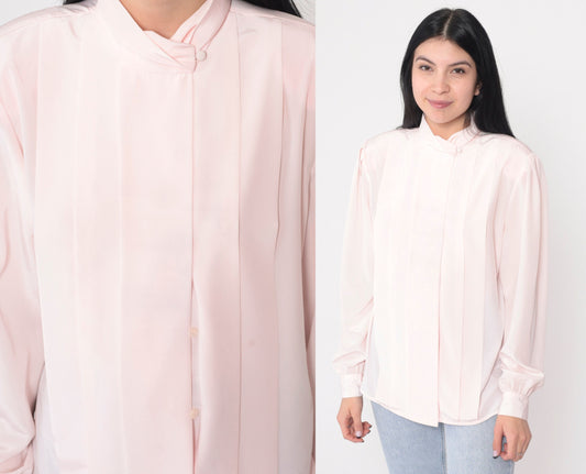 80s Baby Pink Pleated Blouse Puff Sleeve Button-Up Small