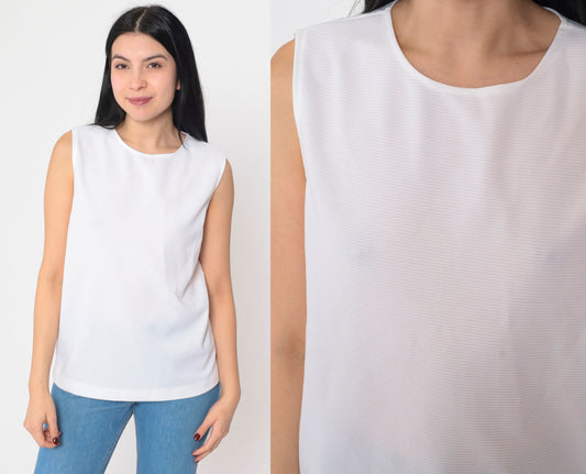 70s White Ribbed Tank Top Semi-Sheer Round Neckline Small Medium