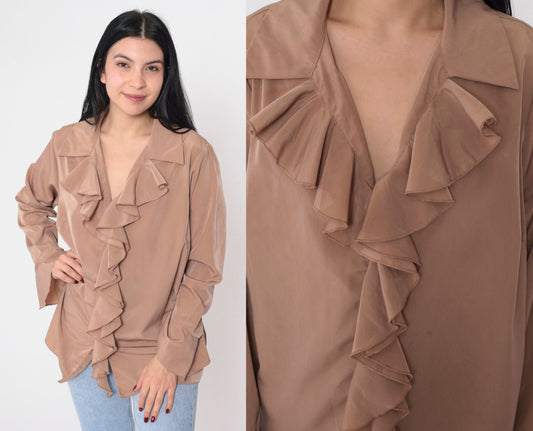 90s Cocoa Brown Ruffled V-Neck Blouse Long Bell Sleeve Vintage Poet Top Large L
