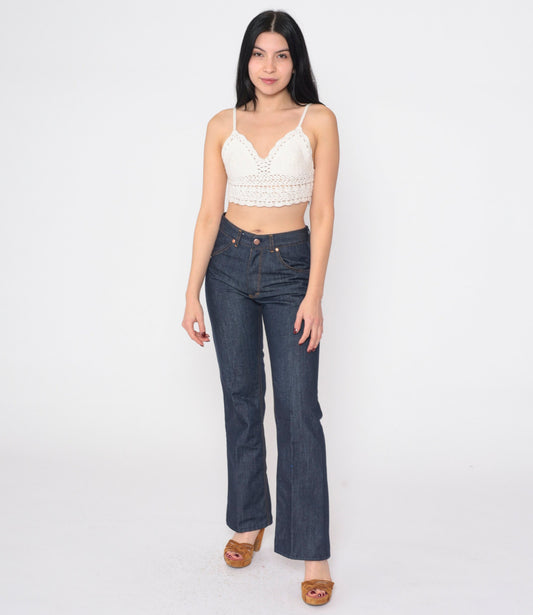 80s Dark Blue Flared Denim Jeans Mid Rise Orange Topstitch Small S