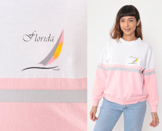 80s Florida Sailboat Sweatshirt Baby Pink White Color Block Crewneck Medium