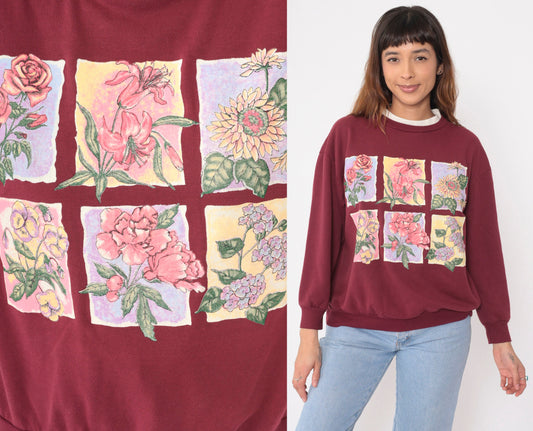 90s Burgundy Floral Sweatshirt Double Collar Crewneck Pullover Large L