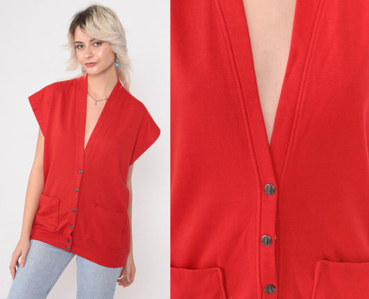 90s Red Sweatshirt Vest Button-Up V-Neck Cap Sleeve Medium M