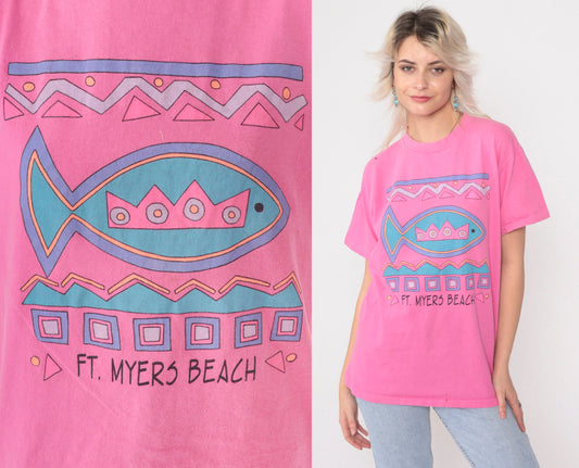 90s Fort Myers Beach Tropical Fish Graphic Tee Hot Pink Cotton Medium