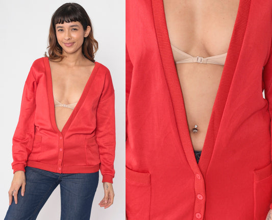 90s Red Cardigan Sweater Button Up Deep V Neck Pockets Medium Large