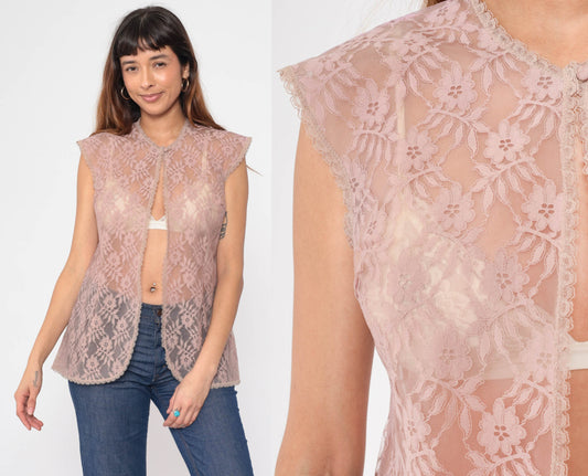 70s Mauve Lace Jacket Cap Sleeve Open Front Blouse Small S