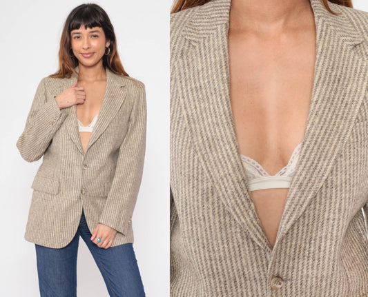 80s Striped Wool Blend Blazer Grey Beige Tailored Button-Up Small