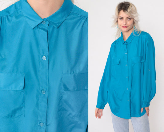 90s Turquoise Button-Up Blouse Gathered Shoulders Roll Tab Sleeves Large