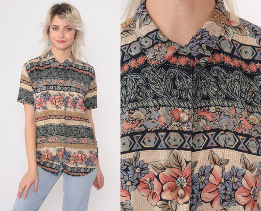 90s O.P.S New York Striped Floral Button-Up Blouse Navy Pink Cream Medium