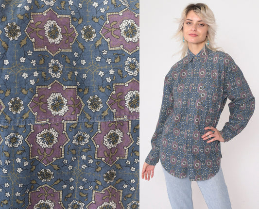 90s Red Eye by Marc Daniels Geometric Medallion Floral Button Up Shirt Small